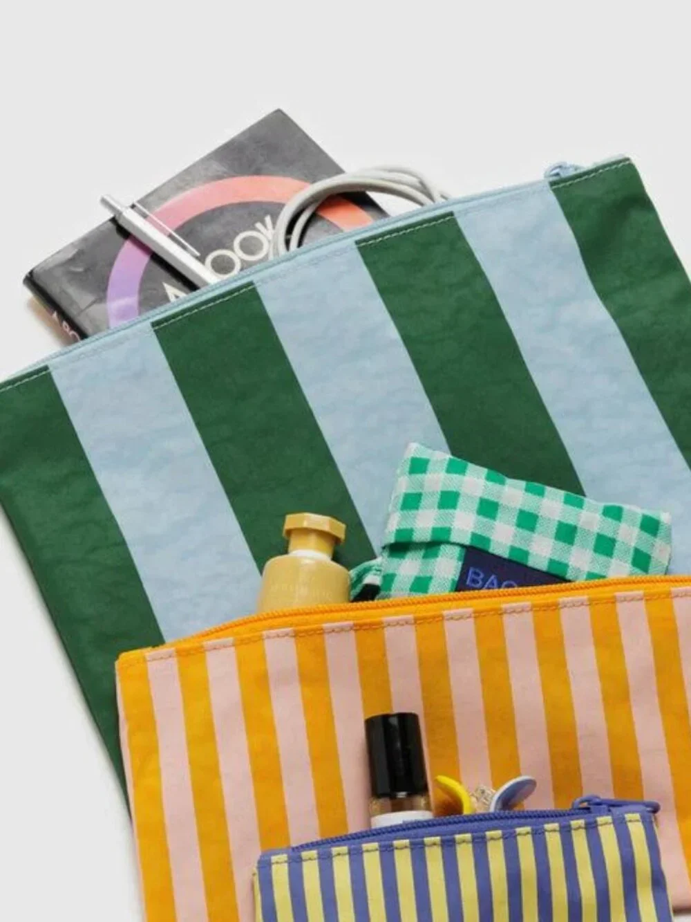 NWOT Baggu Flat Pouch Large - Hotel Stripes (Green & Blue)
